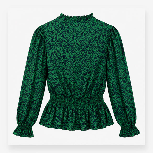 Blouse Green Animal Print Shirred Waist Long Sleev