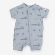 Blue ribbed romper with trains