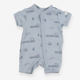 Blue ribbed romper with trains