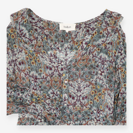 Midi Dress Blue Botanical Print Ruffle Long Sleeve