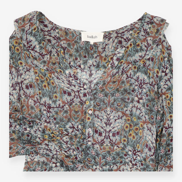 Midi Dress Blue Botanical Print Ruffle Long Sleeve