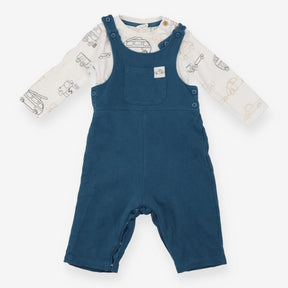 Outfit teal jersey dungarees cream sweater cars