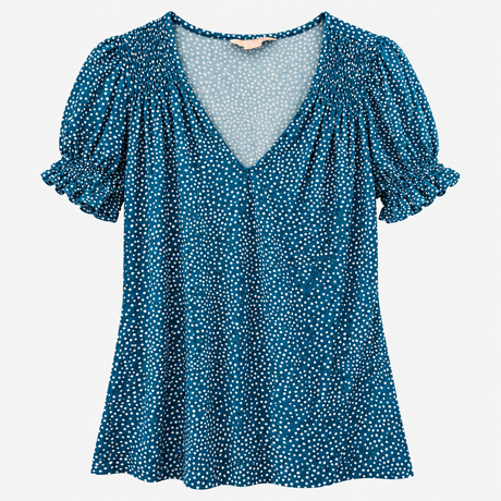 Top Teal White Spot Print V-Neck Puff Sleeve Ruffl