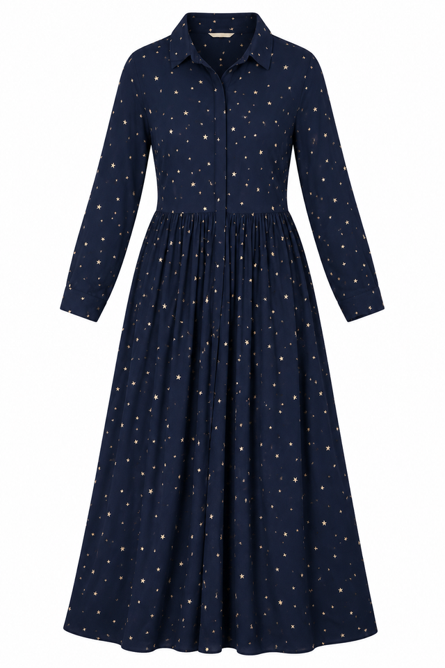 Shirt Dress Navy with Gold Star Print