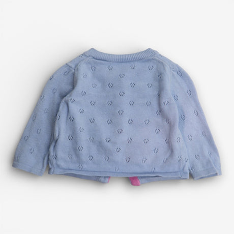 Cardigan blue pointelle pink edging
