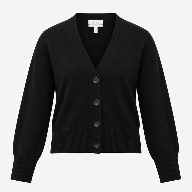 Cardigan Black Merino Wool V Neck Button Front