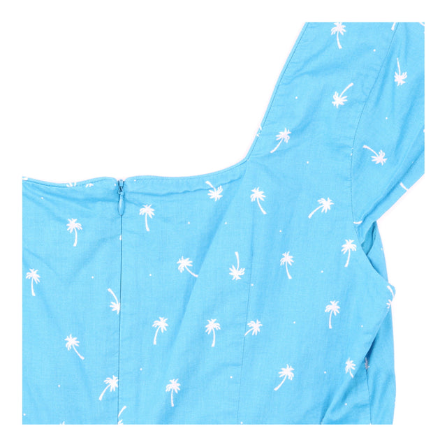Mini Dress Turquoise Palm Print Puff Sleeve Fitted