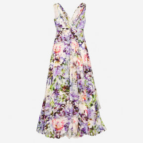 Dress Multi Floral Print Pleated Maxi Sleeveless V