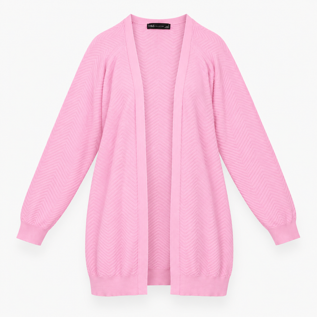 Cardigan Pink Textured Chevron Knit Open Front Lon