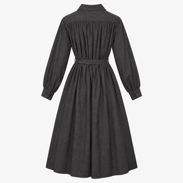 Shirt Dress Dark Grey Long Sleeve Belted Midi