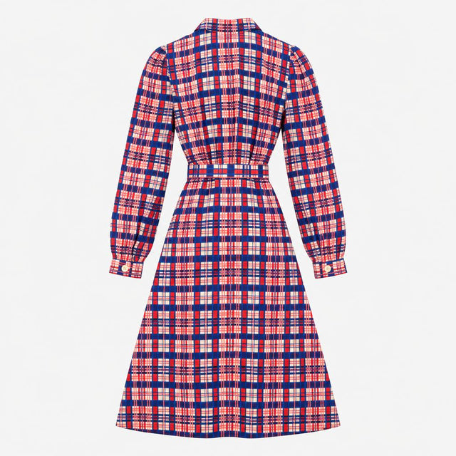Dress 100% Silk Plaid Shirt Belted Midi Blue Pink