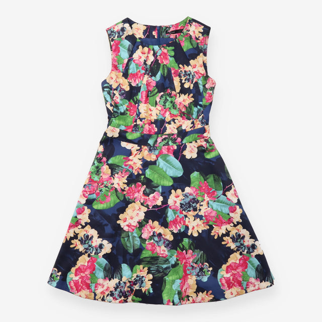 Fit Flare Dress Navy Multicolour Botanical Floral 