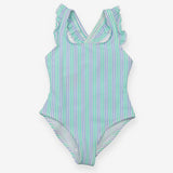 Green and Blue Striped Swimming Costume