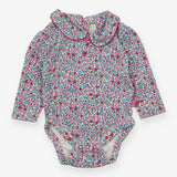 Bodysuit Collared White with Pink Floral Print