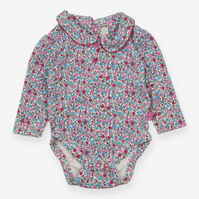 Bodysuit Collared White with Pink Floral Print