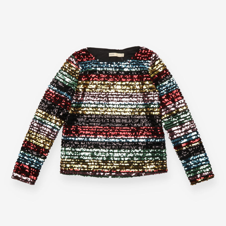 Sequin Top Rainbow Stripe Long Sleeve Black
