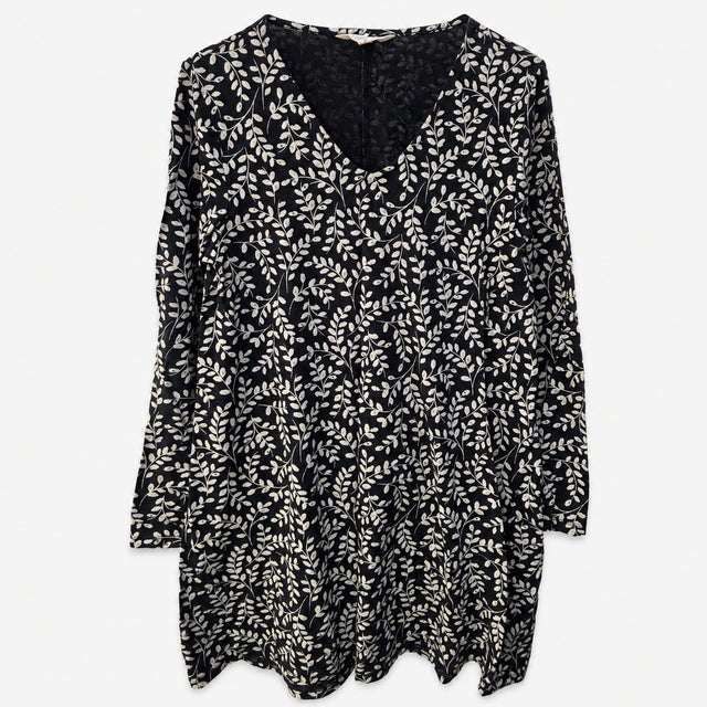 Tunic Top Black Cream Leaf Print Organic Cotton