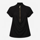 Top Black Short Sleeve Gold Zip Mock Neck