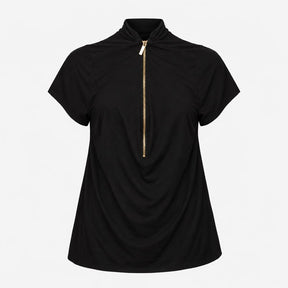 Top Black Short Sleeve Gold Zip Mock Neck