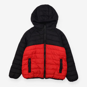 Puffer jacket red black hood