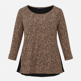 Top Camel Mix Leopard Print Pleated Hem Layered Tu