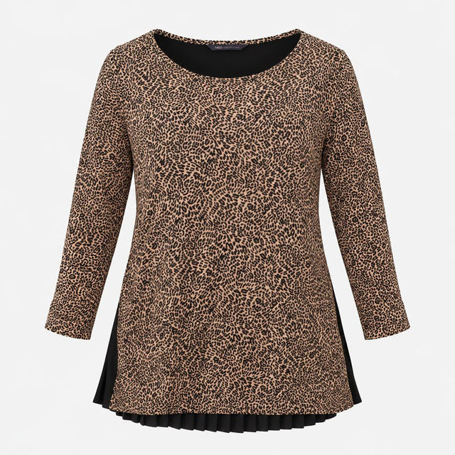 Top Camel Mix Leopard Print Pleated Hem Layered Tu