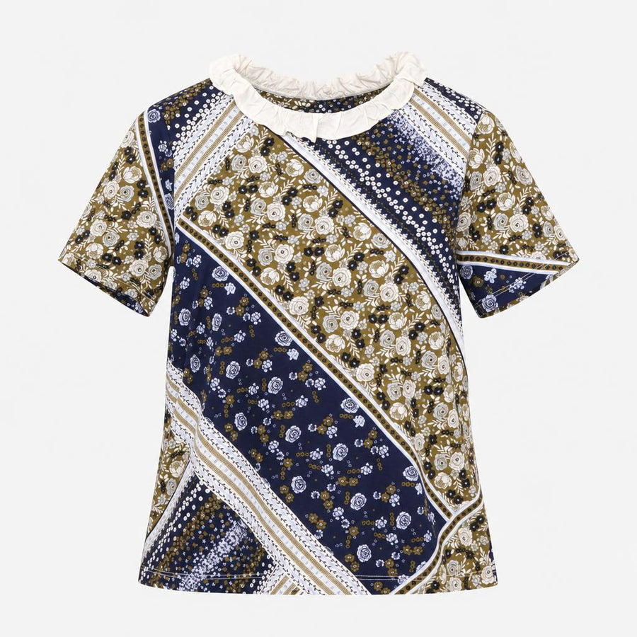 Top Floral Patchwork Print Ruffle Neck