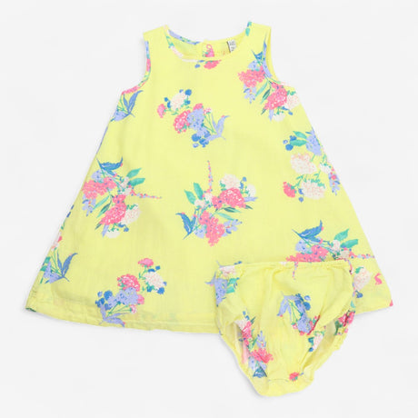 Yellow floral sleeveless lined summer dress & bloo