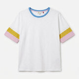 White Colour-Block Cuff Cotton T-Shirt