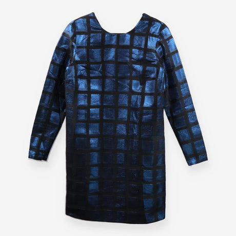 Kenzo Metallic Blue‑Black Jacquard Dress – Sculptu