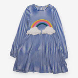 Dress Long Sleeve Blue Stripe Rainbow Applique