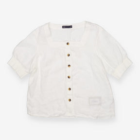 White Pure Linen Square Neck Button Blouse
