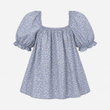 Top Blue White Floral Print Cotton Elasticated Nec