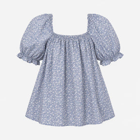 Top Blue White Floral Print Cotton Elasticated Nec
