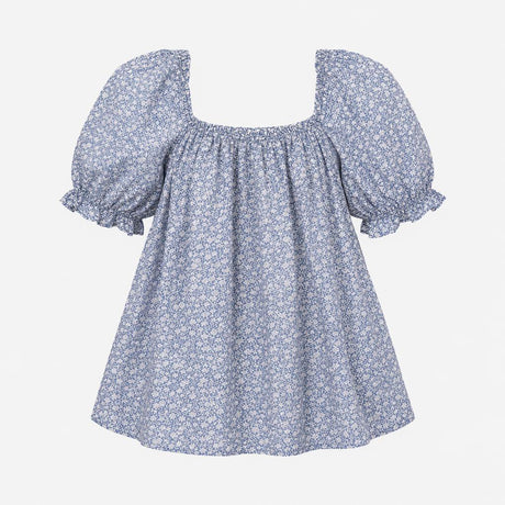 Top Blue White Floral Print Cotton Elasticated Nec