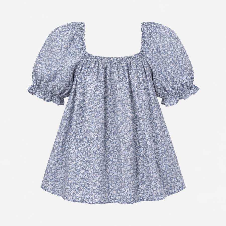 Top Blue White Floral Print Cotton Elasticated Nec