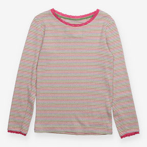 T-Shirt Long Sleeve Pink Lace Trim Striped
