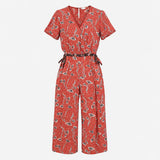 Jumpsuit Brick Red Patterned Short Sleeve Wrap Fro