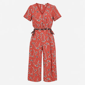 Jumpsuit Brick Red Patterned Short Sleeve Wrap Fro