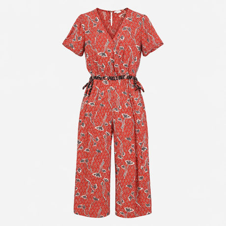 Jumpsuit Brick Red Patterned Short Sleeve Wrap Fro