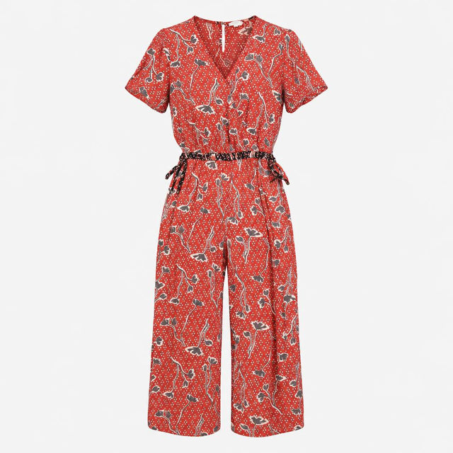 Jumpsuit Brick Red Patterned Short Sleeve Wrap Fro