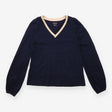 Navy Cotton V Neck Top With Mustard Trim