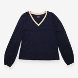 Navy Cotton V Neck Top With Mustard Trim