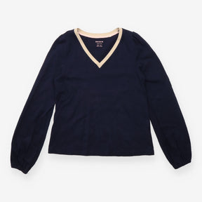 Navy Cotton V Neck Top With Mustard Trim
