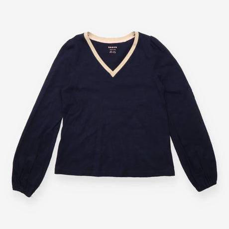 Navy Cotton V Neck Top With Mustard Trim