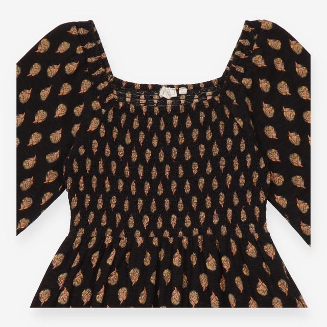 Maxi Dress Black Leaf Print Shirred Bodice