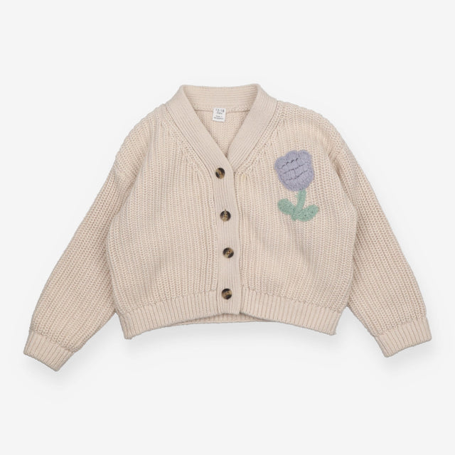 Cardigan Knit Cream with Blue Flower Applique
