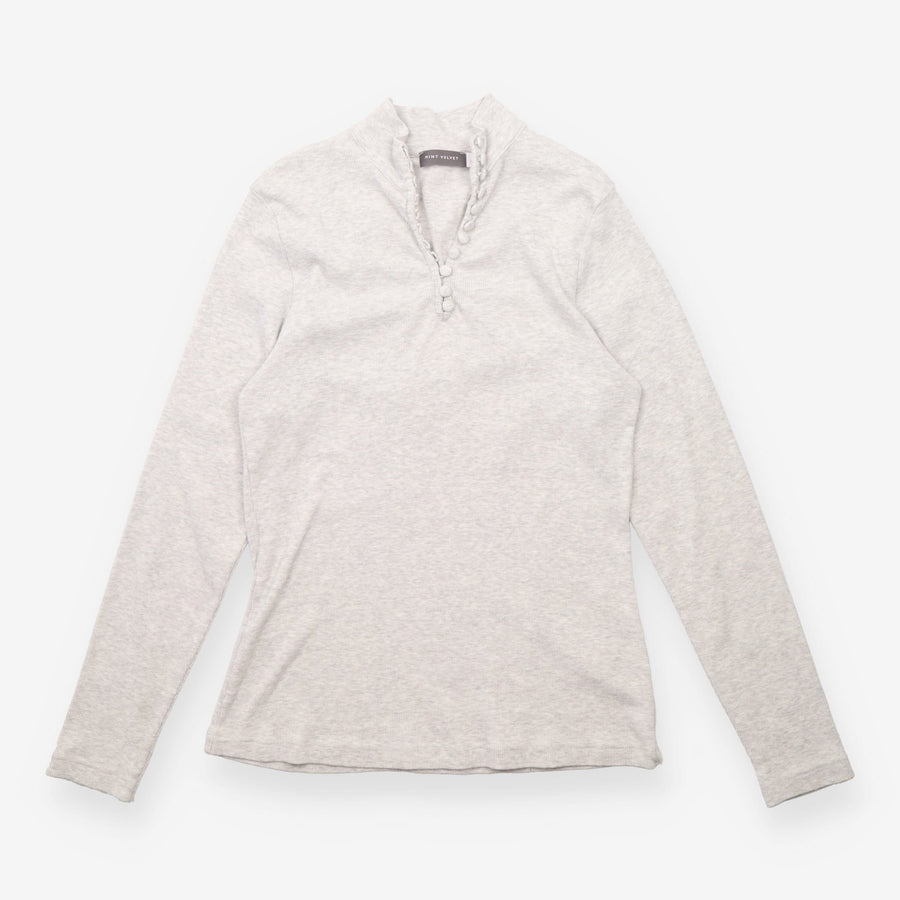 Ribbed Top in Grey with Covered Button Neckline