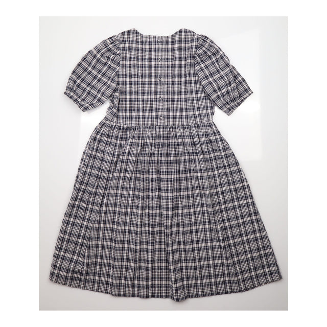 Navy & White Check Puff Sleeve V-Neck Midi Dress