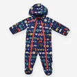 Pramsuit Blue Farm Print with Orange Zip